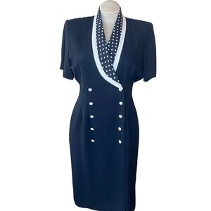 VTG studio 1  Blue Double Breasted Sheath Dress Polka Dot PU Sz XL PUNKROCK